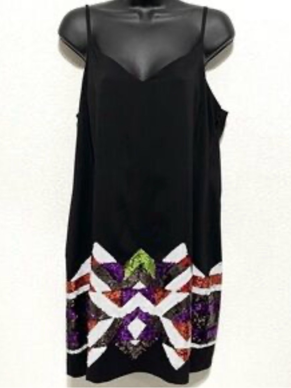 bebe Black Slip Dress with Multicolor Embellished Hem